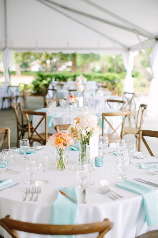 white and teal wedding reception