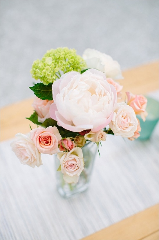 Pink roses peony and hydrangea arrangement in a vase