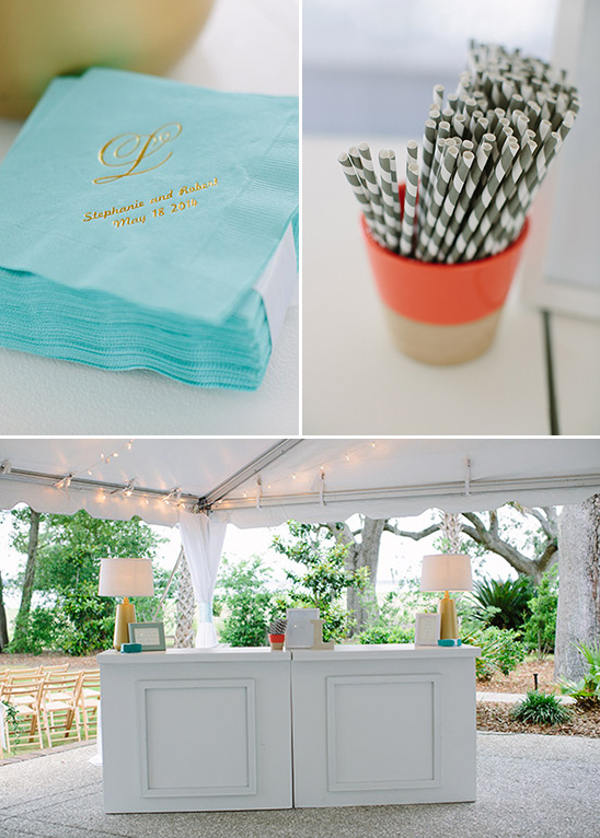 Elegant outdoor wedding bar napkins and striped straws