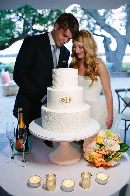 Bride and groom cutting their elegant wedding cake