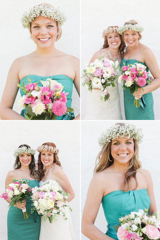 Bridesmaids in teal dresses with flower crowns and bouquets