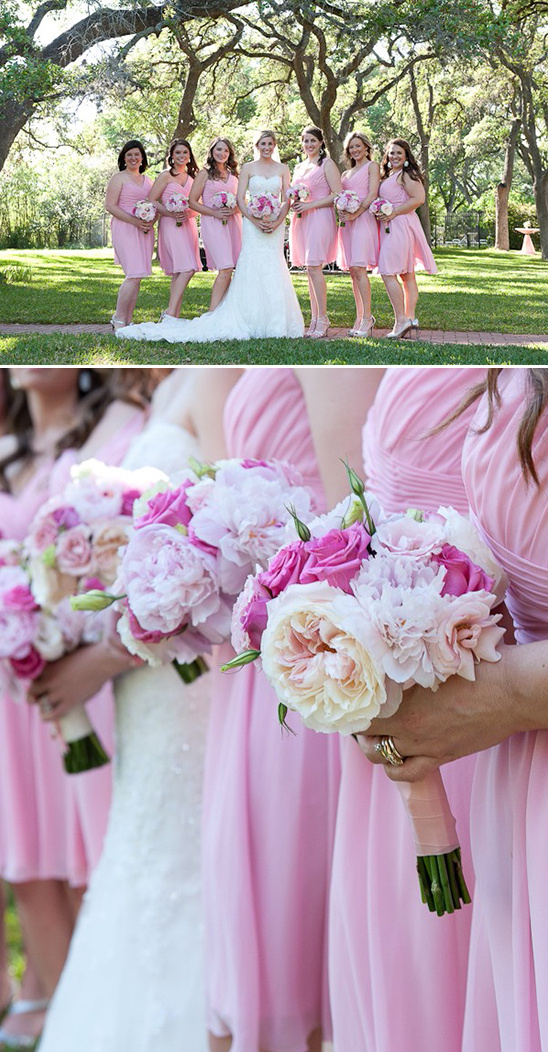 pink bridesmaid dresses and bouquets