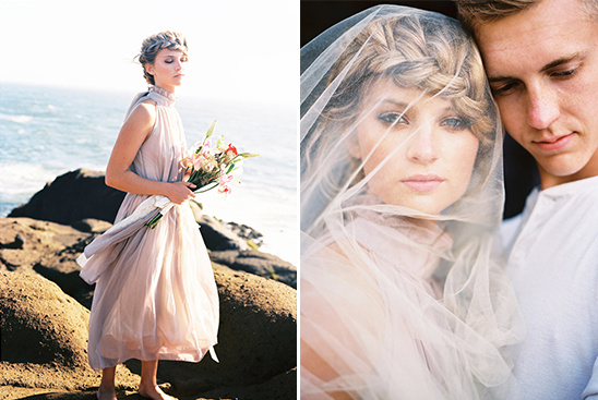 Beach wedding bride in flowing gown, romantic veil