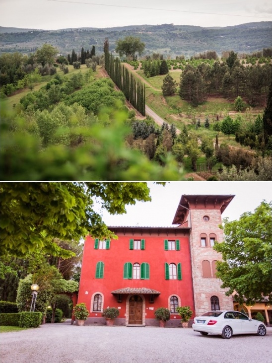 Red villa green shutters in Tuscan hilly landscape