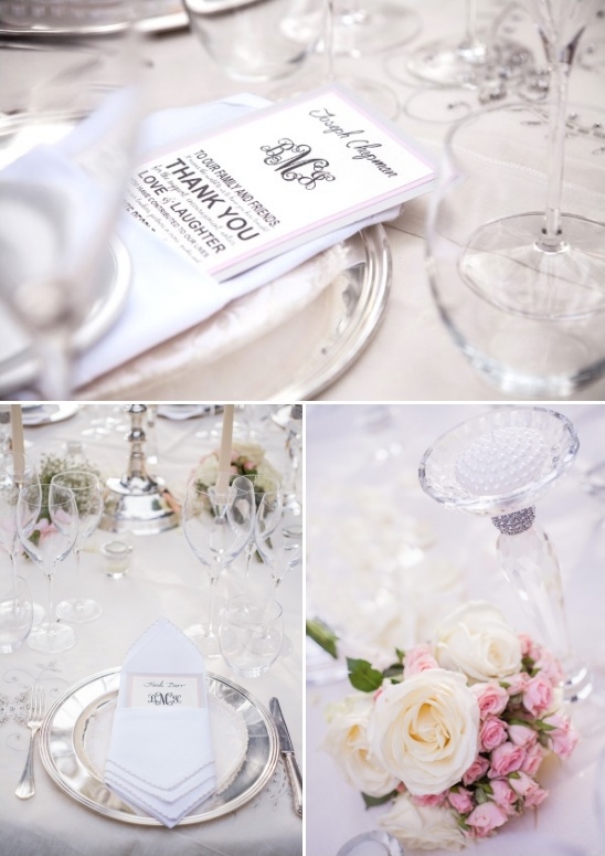 Elegant wedding table setting with silver and floral decor