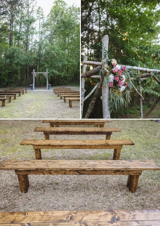 wooden bench ceremony seating and rustic wedding arch