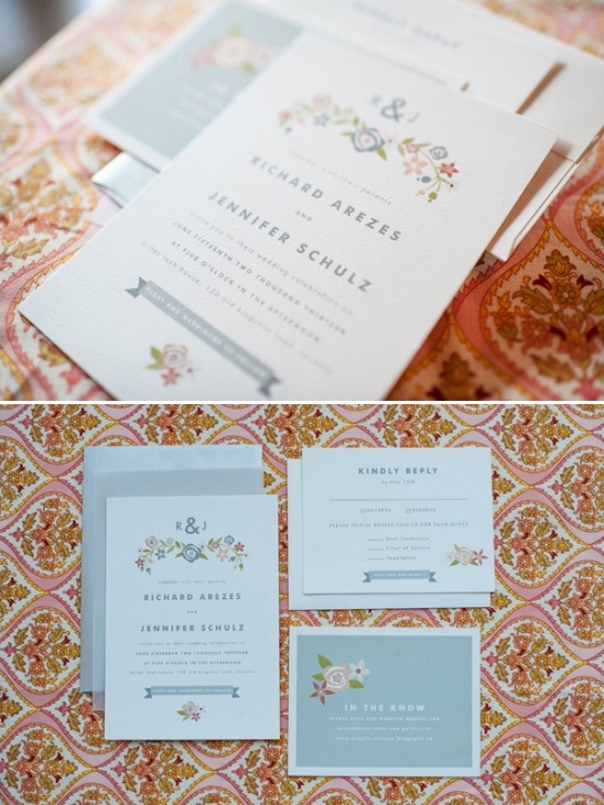 grey and floral wedding invites