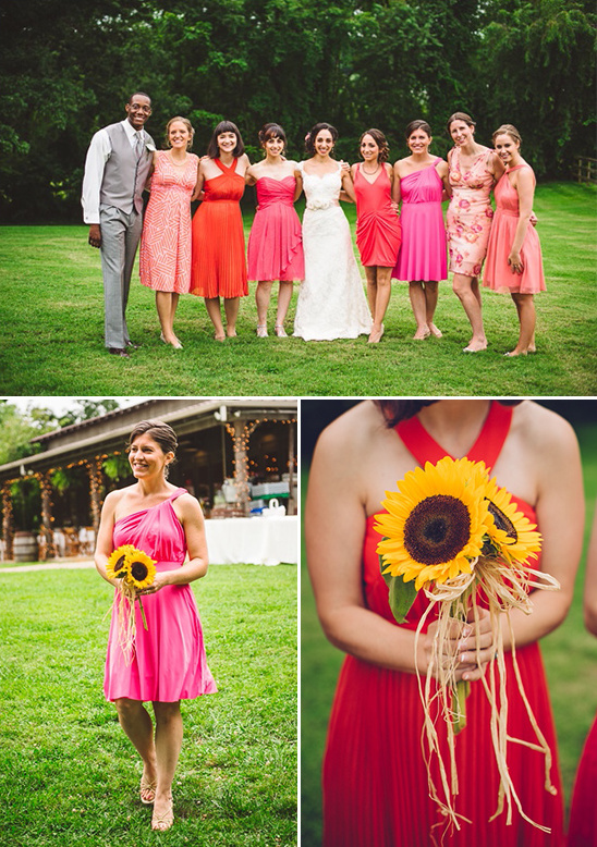 pink and coral bridesmaids with sunflowers