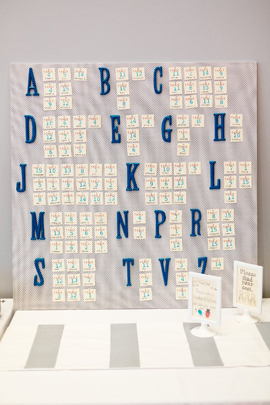 Wedding table seating chart with blue alphabet letters and table numbers