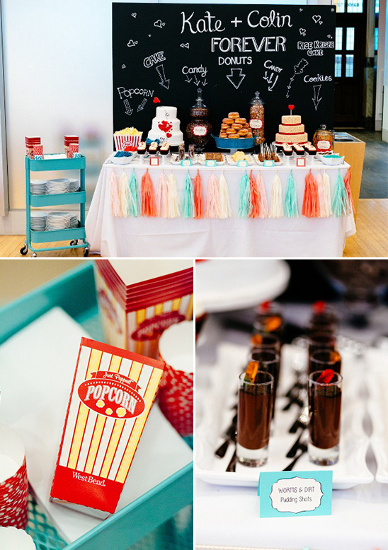 Wedding dessert table with popcorn, cake and candy display