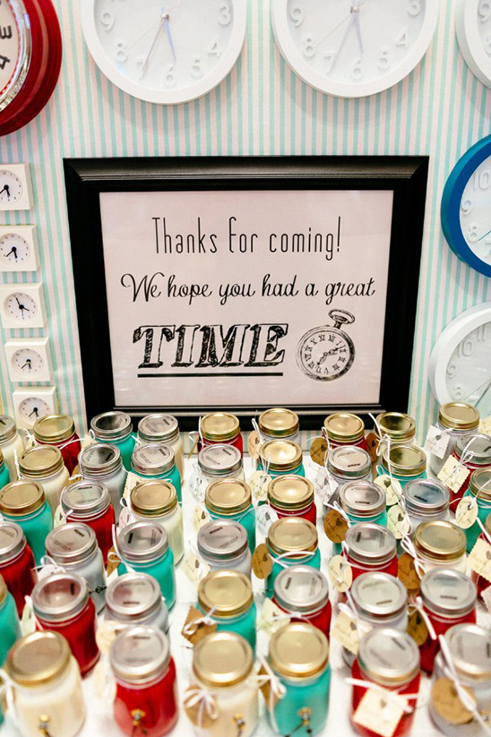 Party favors with Thanks for coming sign and clocks