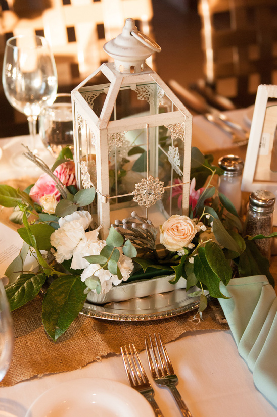 floral and white lantern centerpiece