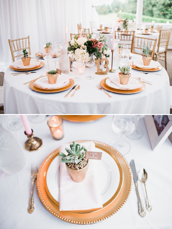 white and gold place settings