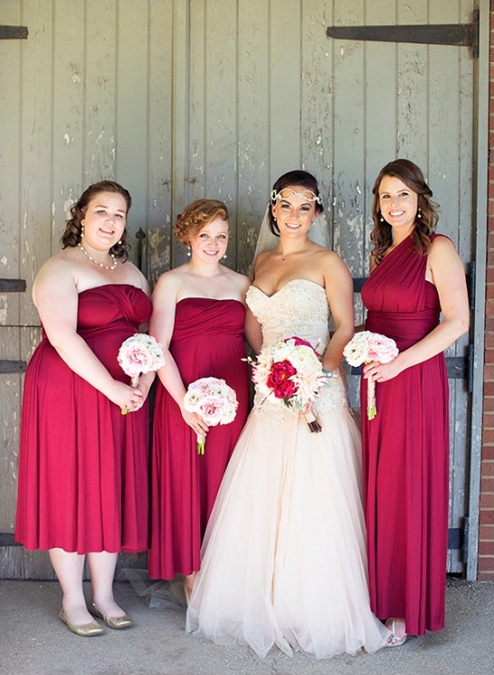 bridesmaids in deep red