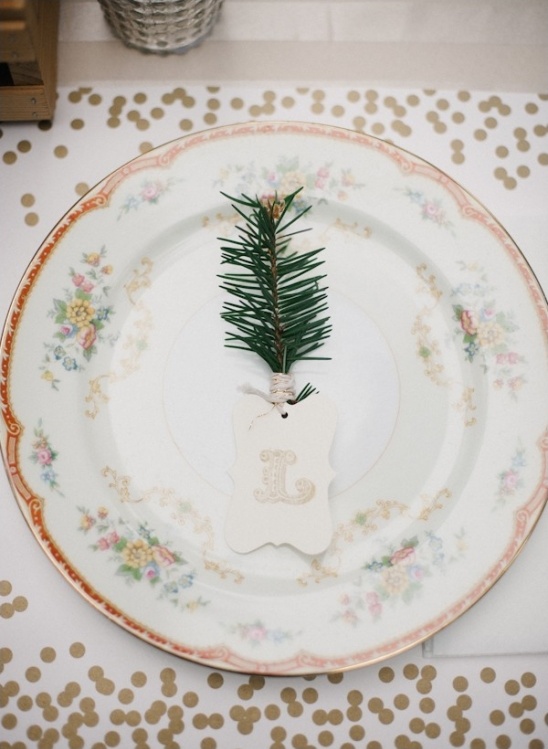 china and pine sprig with monogramed tag