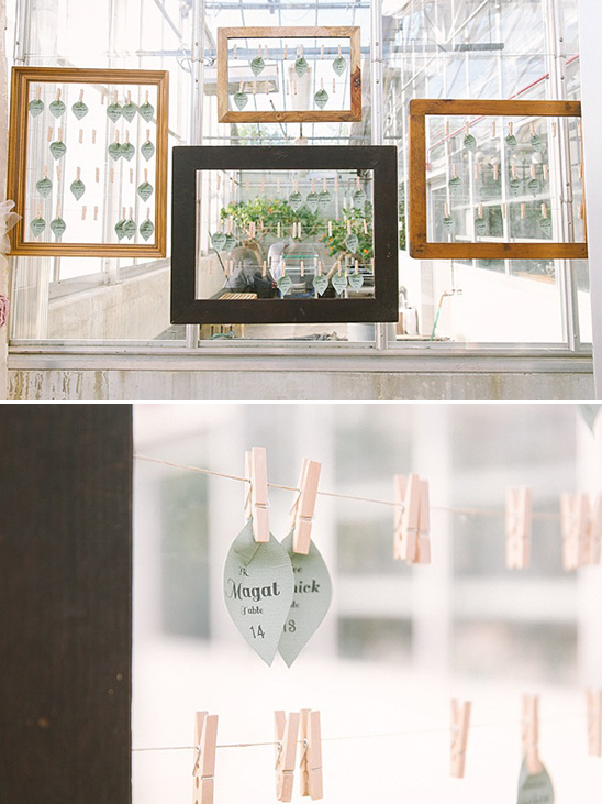 Creative wedding decor with frames and leaf-shaped name cards