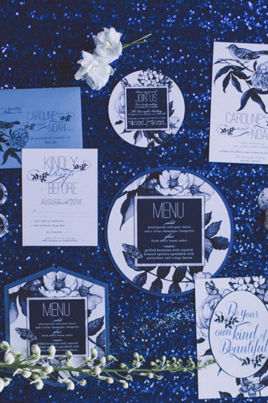 blue and white floral wedding stationery