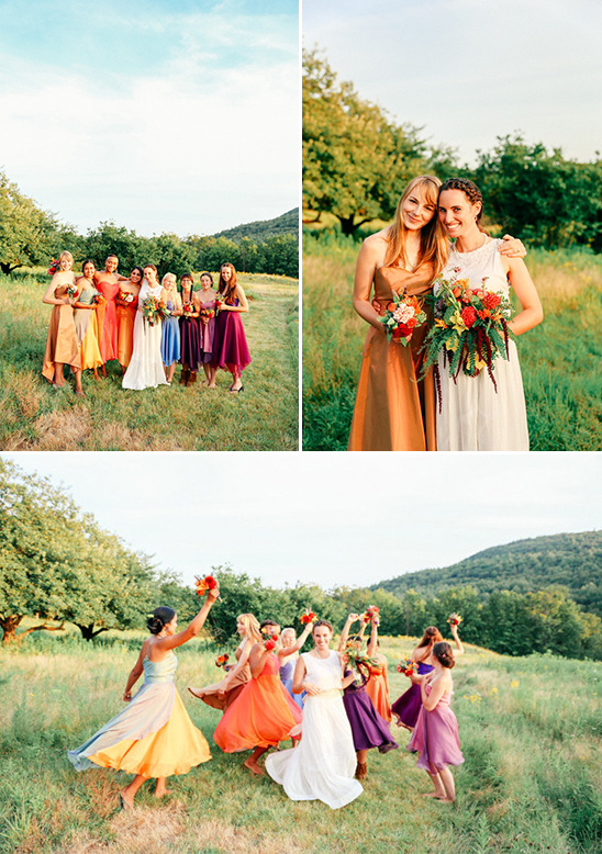Rainbow bridesmaid dresses outdoor wedding photoshoot