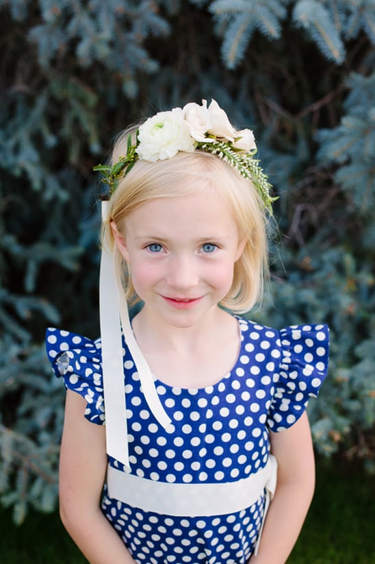 blue and white polka dot flower girl dress with flower halo