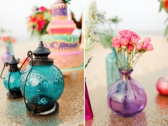 colored glass lanterns and bud vase