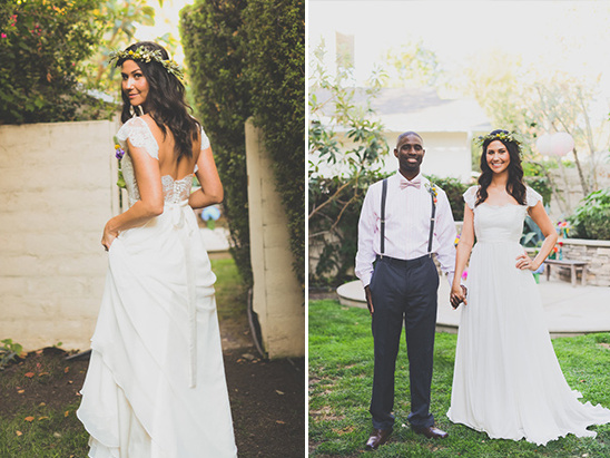 Happy couple in wedding attire at outdoor ceremony