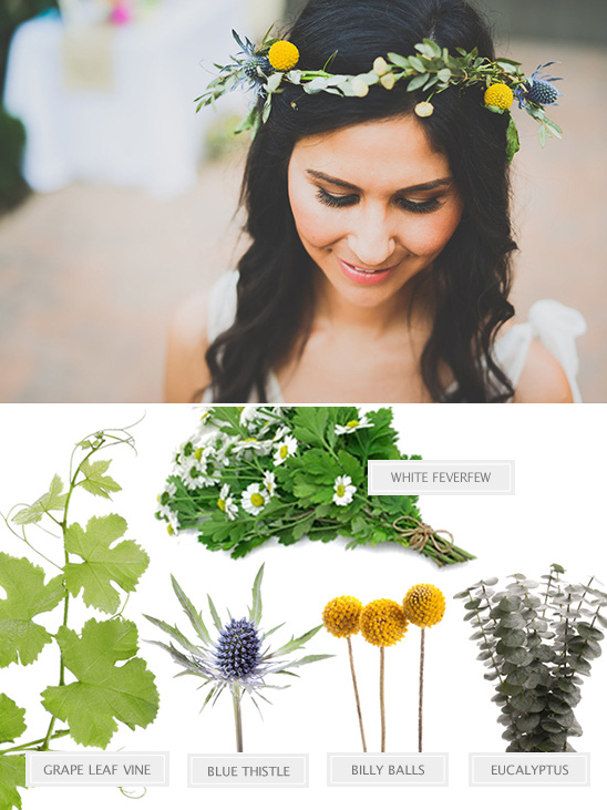 Bride wearing floral crown with yellow and blue flowers