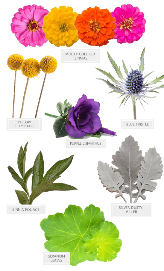 Colorful flowers and greenery for wedding arrangements