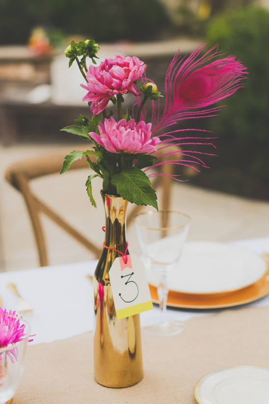 Pink dahlia wedding centerpiece in gold vase, table number 3