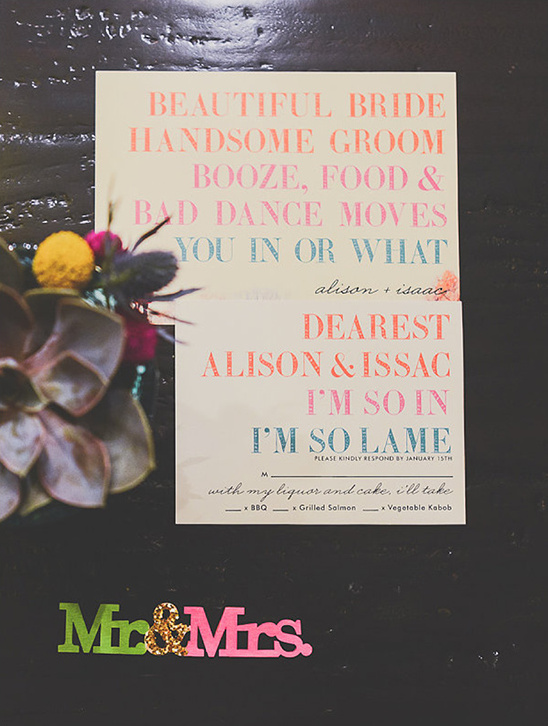 Wedding invitation with fun, colorful RSVP details
