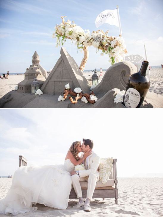 Beach wedding: Sandcastle ceremony with couple kissing