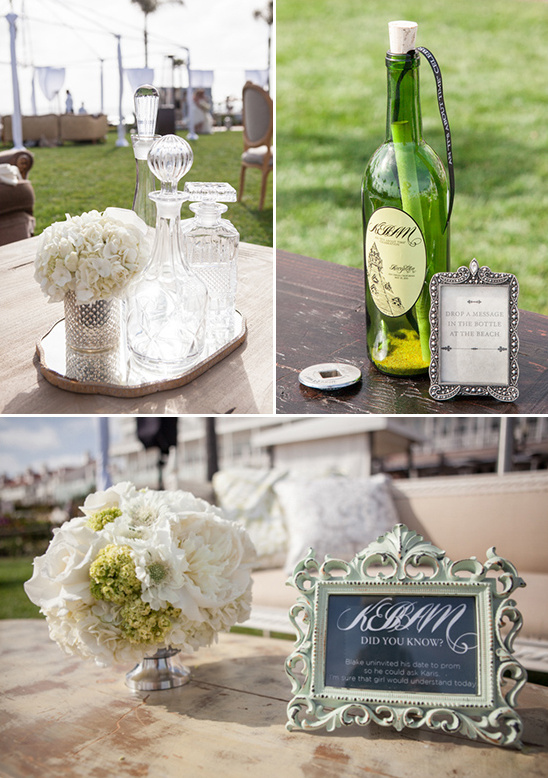 Elegant wedding decor featuring flowers and a message in a bottle