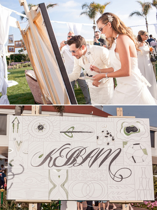 Bride and groom painting a wedding canvas, outdoor celebration