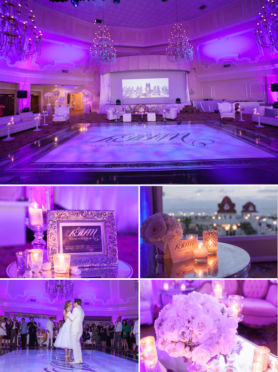 Elegant wedding reception hall with purple lighting and decor