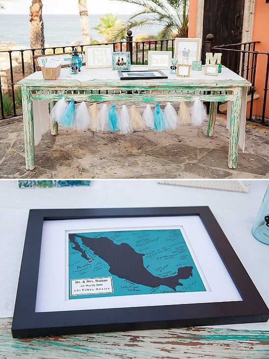 beach welcome table with guestbook map