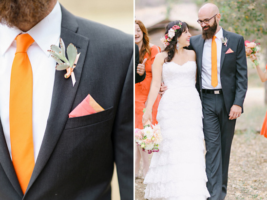orange and black groom attire