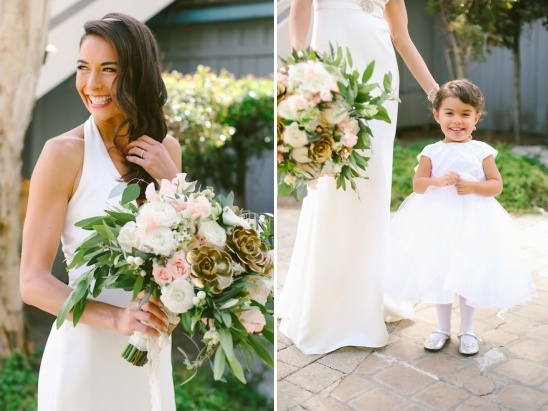 Bride with beautiful bouquet, flower girl in white dress