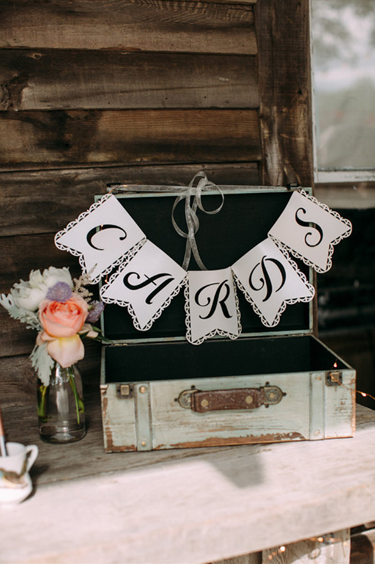 Wedding card sign on a vintage suitcase with flower decoration