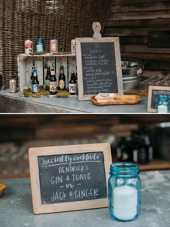 Rustic bar display with beer, cocktails, and handwritten menus