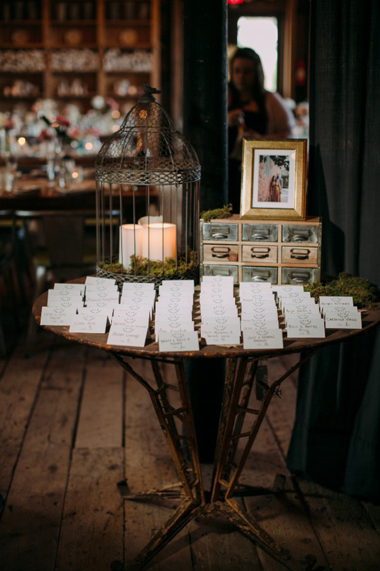 Rustic wedding reception decor with table cards and candles