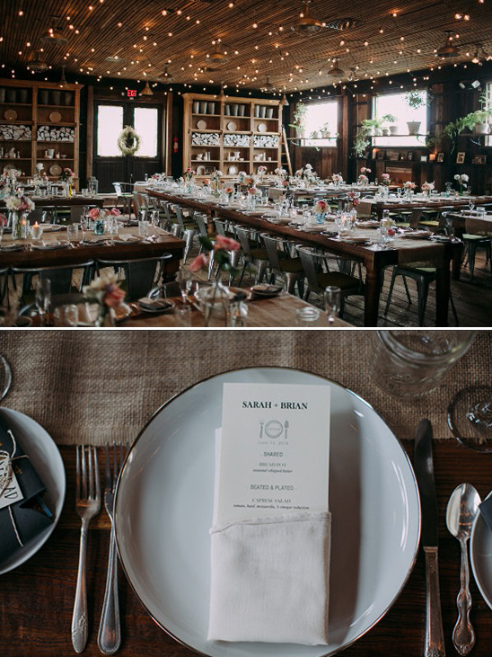 Wedding reception venue decorated with tables and menu cards