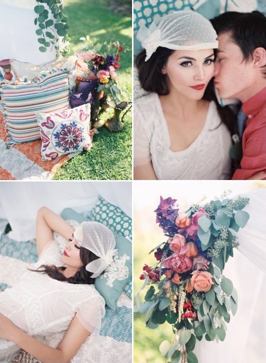Romantic picnic scene with beautiful flowers, pillows and loving couple