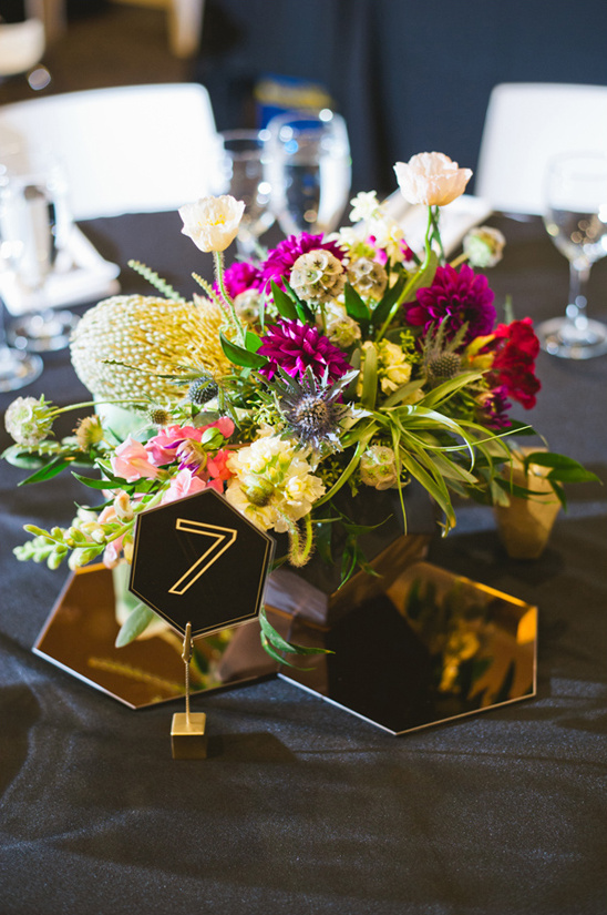 Primary Petals centerpiece with modern hexigon accents