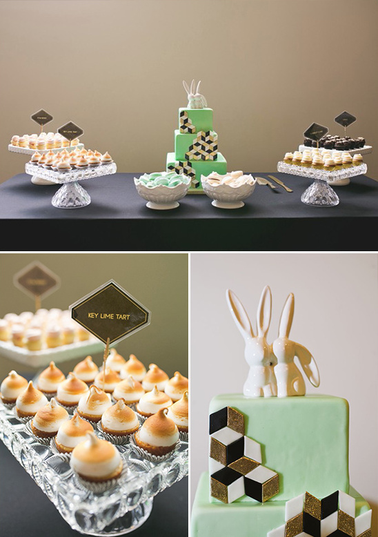 geometic wedding cake with bunny topper and assorted desserts