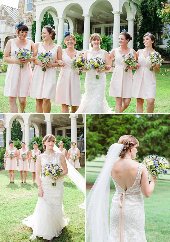 Stella York wedding dress and light peach bridesmaids