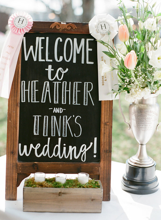 Wedding welcome sign for Heather and Tink, with floral details