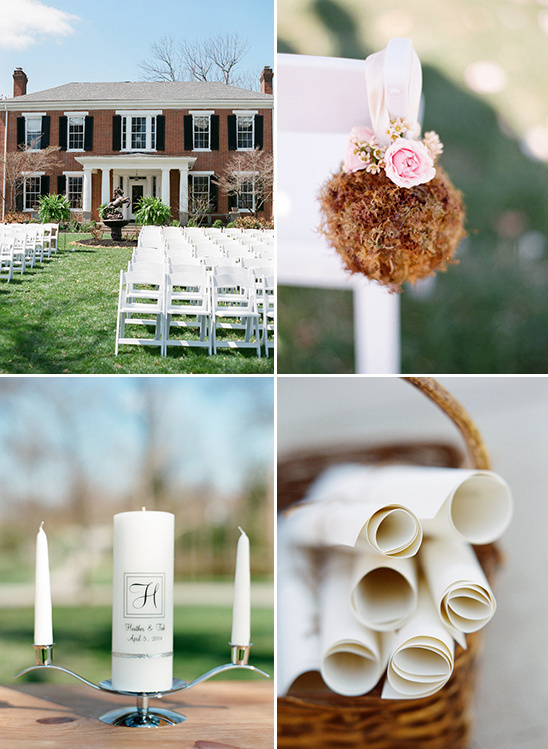 Wedding ceremony details: venue, decor, candles, and programs