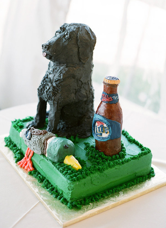 Black Lab cake with a beer bottle and a duck on green frosting