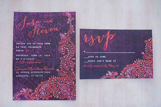 Purple wedding invitation with paisley design and RSVP card