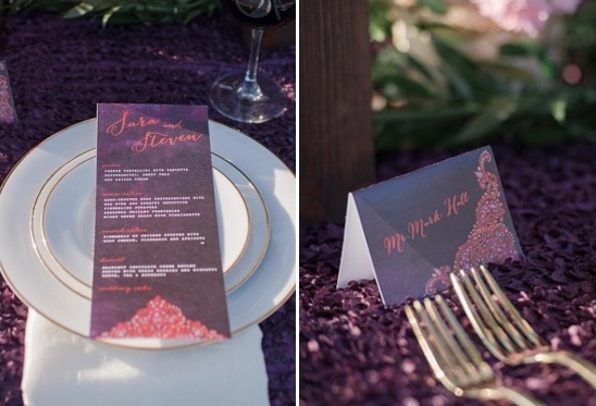 Elegant wedding menu and place card on purple table