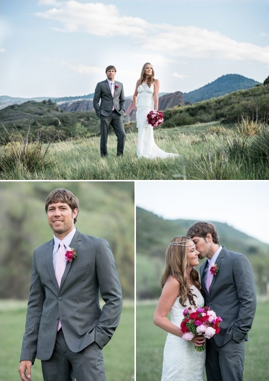 Happy couple poses for wedding photos in scenic landscape